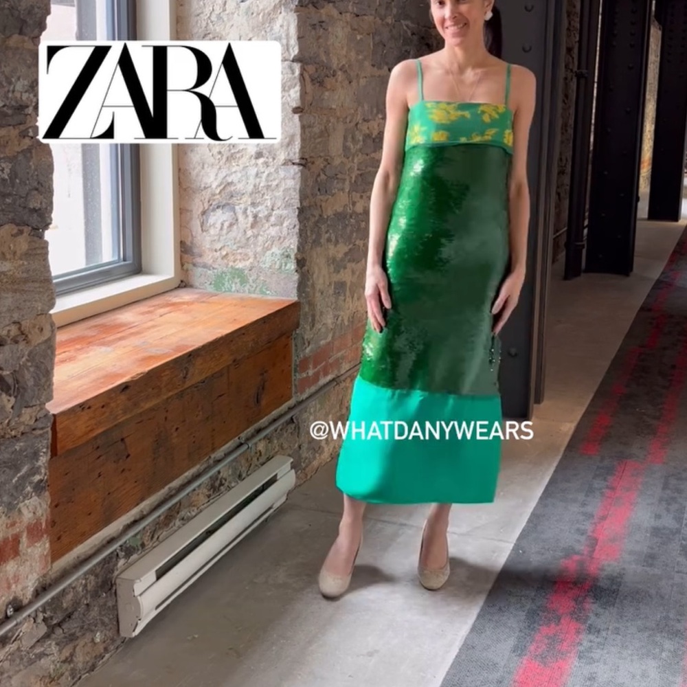 Zara Green Sequin & Teal Colorblock Midi Dress - Picture 2 of 14